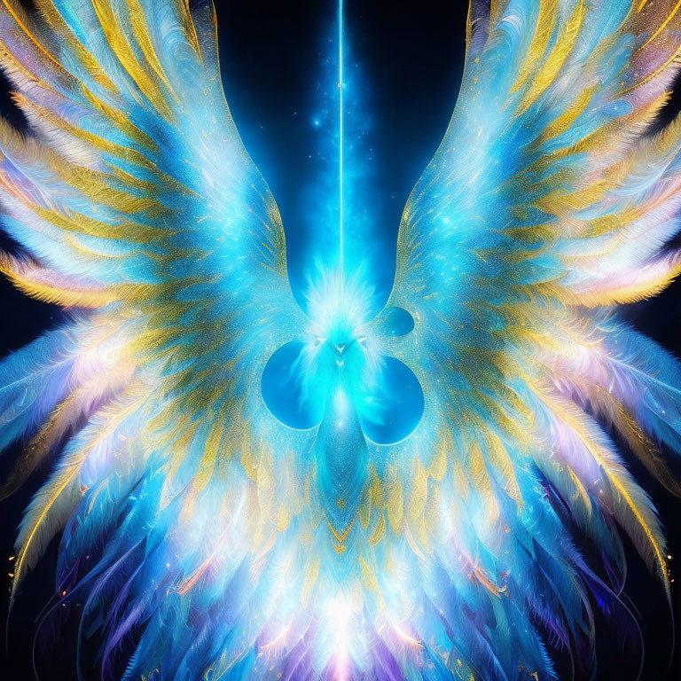 Symmetrical abstract angel with glowing blue and golden feathers