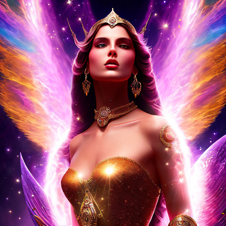 Regal woman digital portrait with mystical aura and cosmic backdrop