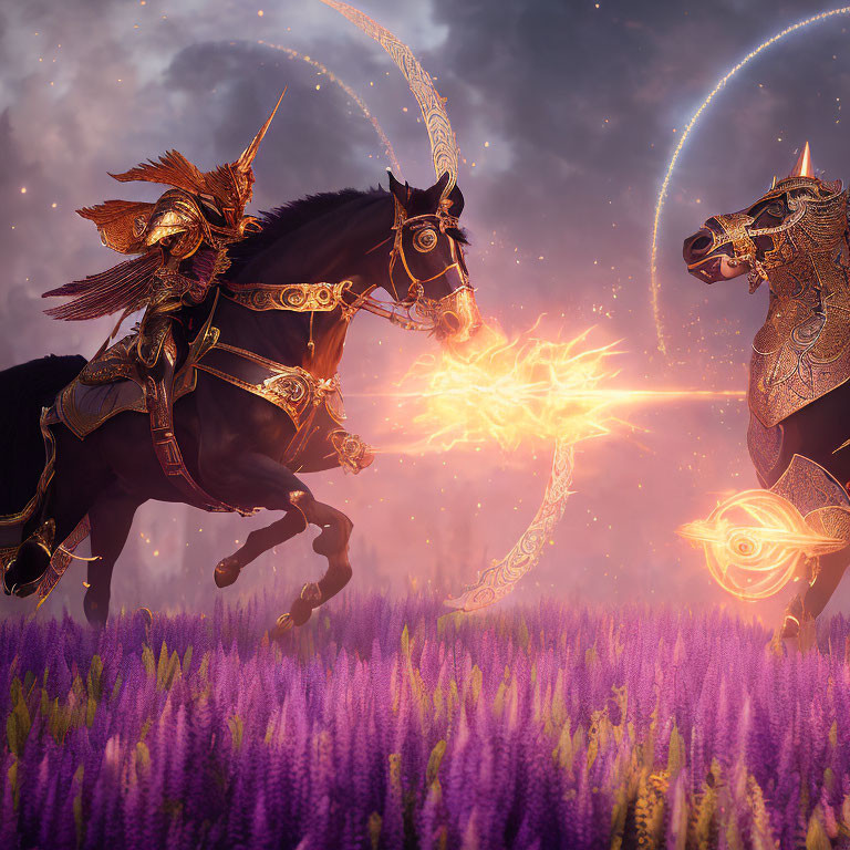 Armored knight on horseback clashes with spectral horse in lavender field