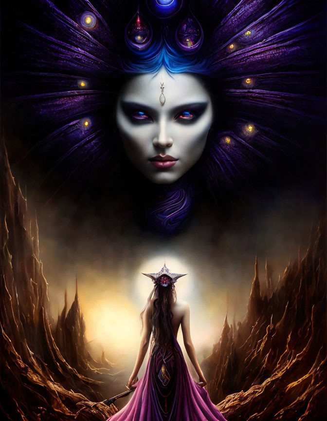 Mystical artwork of women with cosmic headdress in rocky terrain