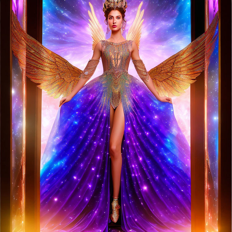 Celestial-themed costume with wing-like extensions in cosmic backdrop