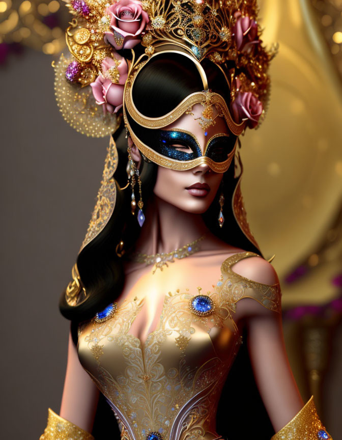 Elaborate golden masquerade outfit with roses and jewelry