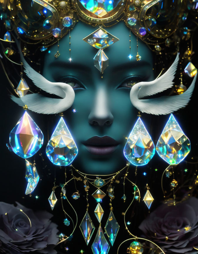 Fantasy portrait: Blue-skinned female with golden headdress & white horns