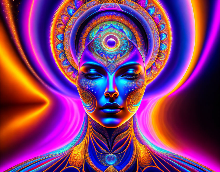 Colorful digital artwork: humanoid face with psychedelic colors, third eye, and mandala patterns