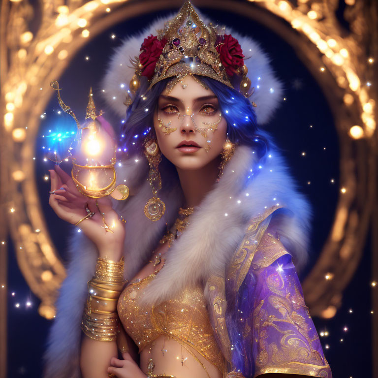 Regal woman with blue hair holding glowing orb in ornate mirror frame