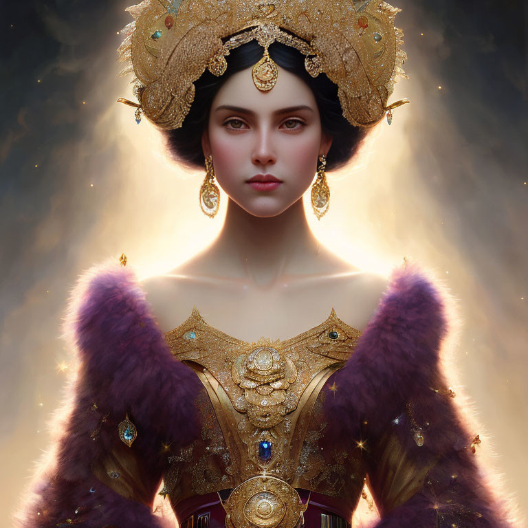 Regal woman in golden headdress and ornate jewelry against glowing backdrop