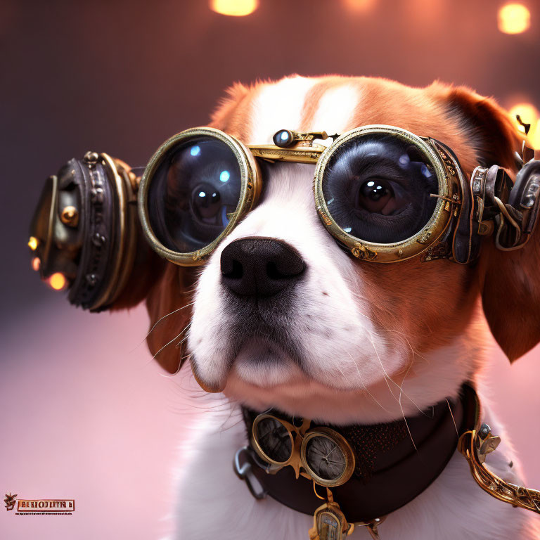 Beagle in Steampunk Goggles with Gear Collar on Bokeh Background