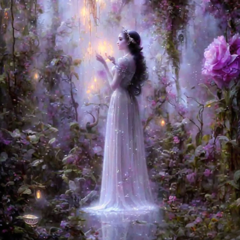 Radiant woman in white gown surrounded by mystical forest and glowing light