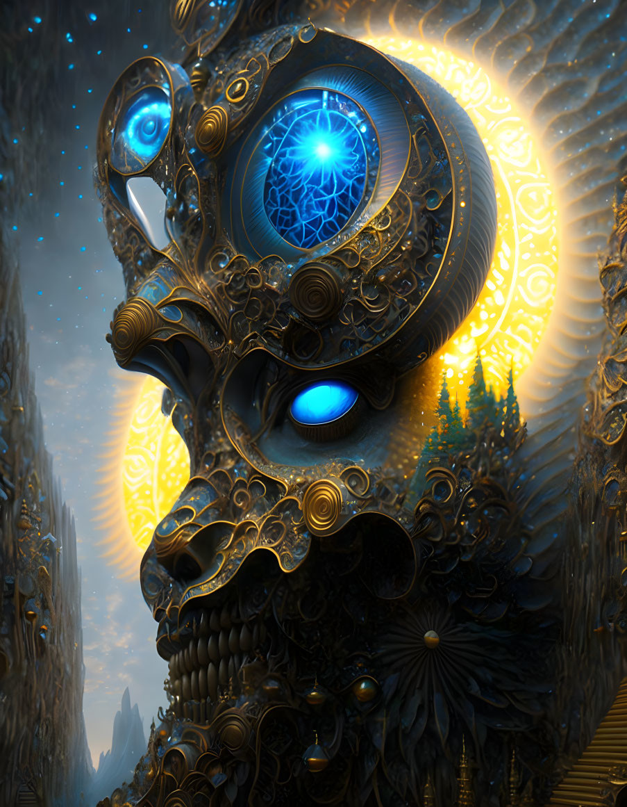 Surreal image of golden mechanical structure with glowing blue eyes