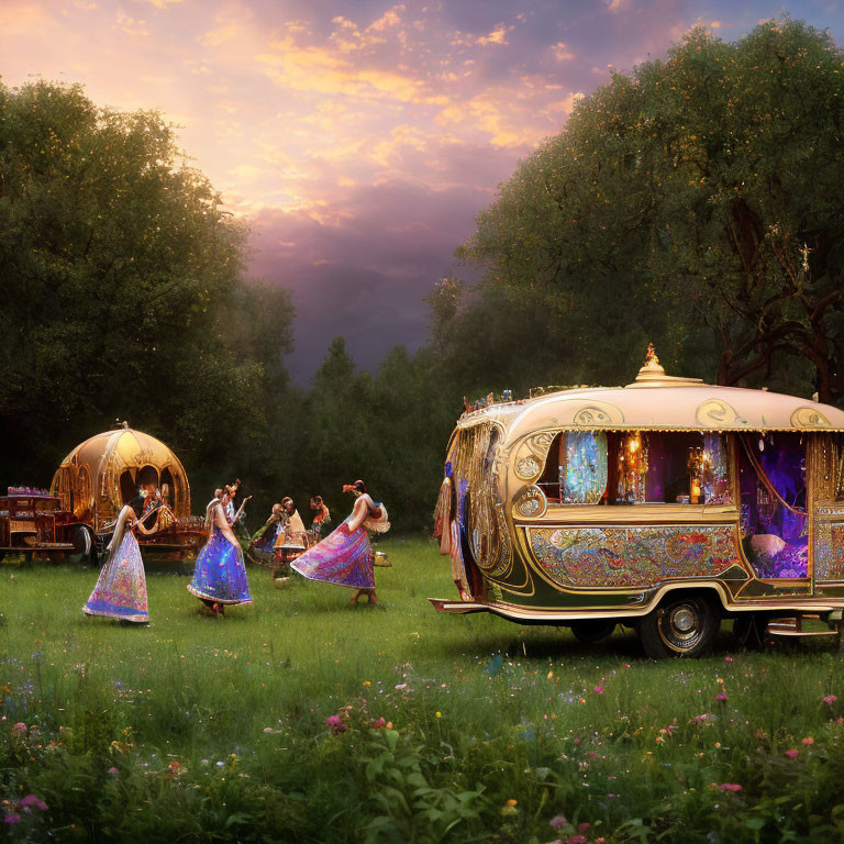 Colorfully dressed women dancing near caravans at sunset in nature