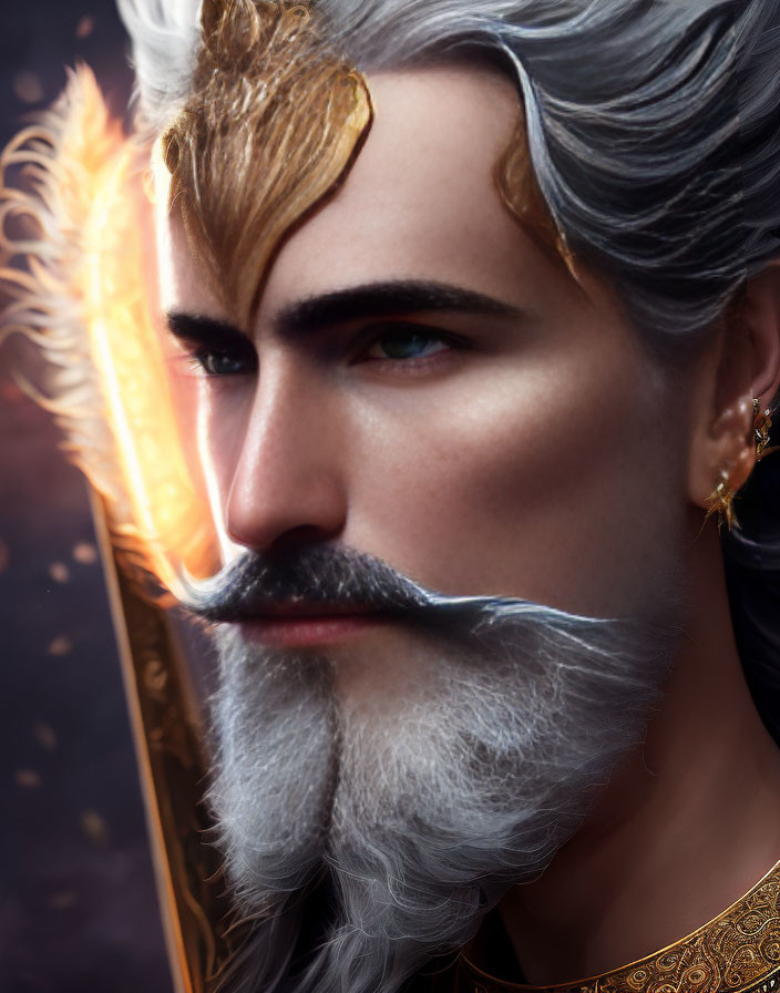 Regal man with grey and white hair, styled beard, blue eyes, and golden feathered accessory