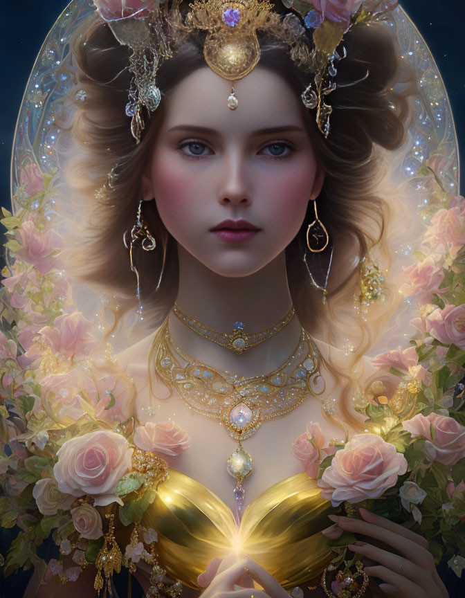 Regal woman with golden crown and roses on dark background