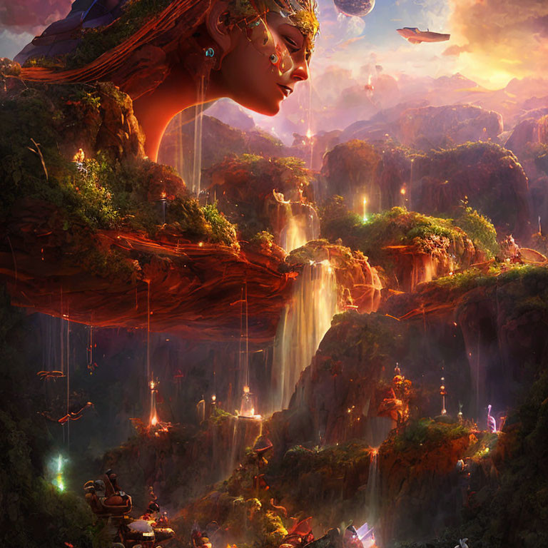 Fantastical landscape with giant woman's face in cliff, lush greenery, waterfalls, floating