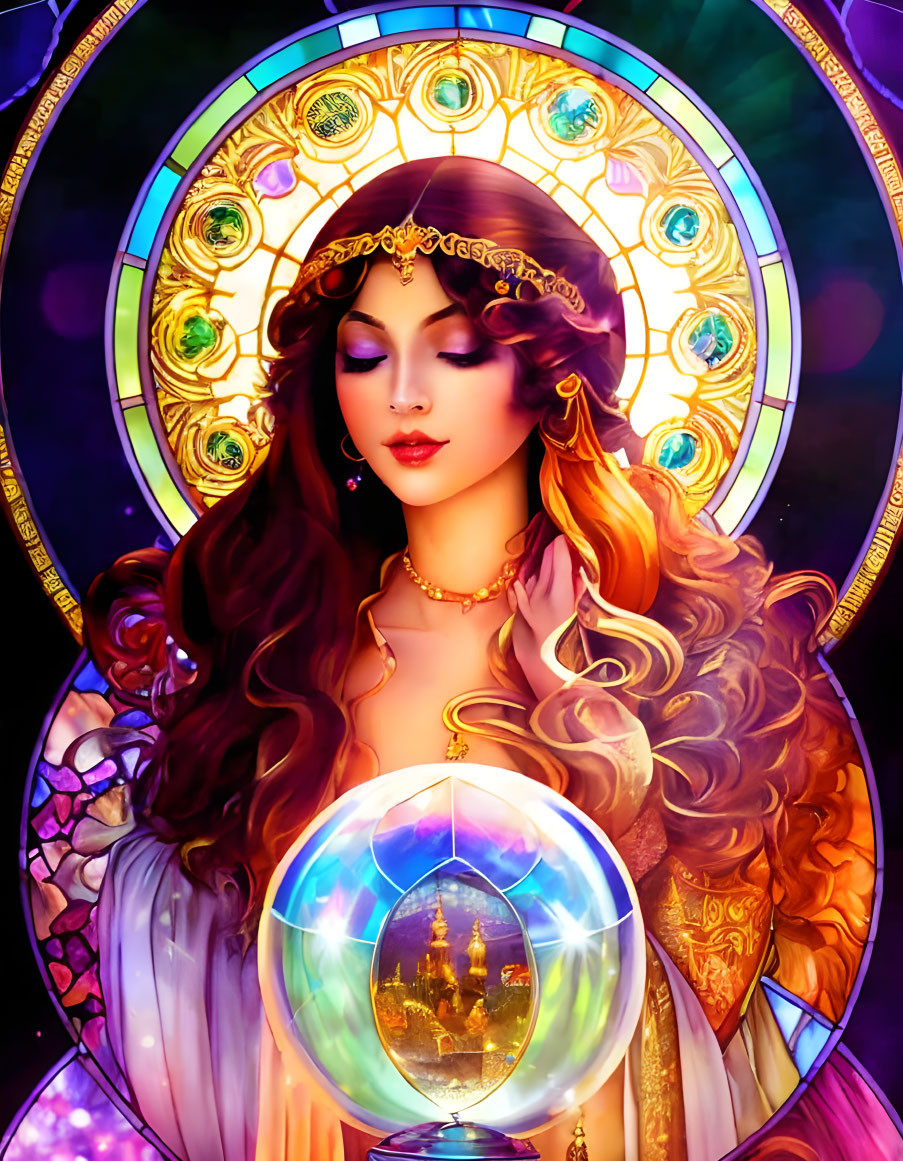 Illustrated woman with flowing hair holding crystal ball and vibrant stained-glass window