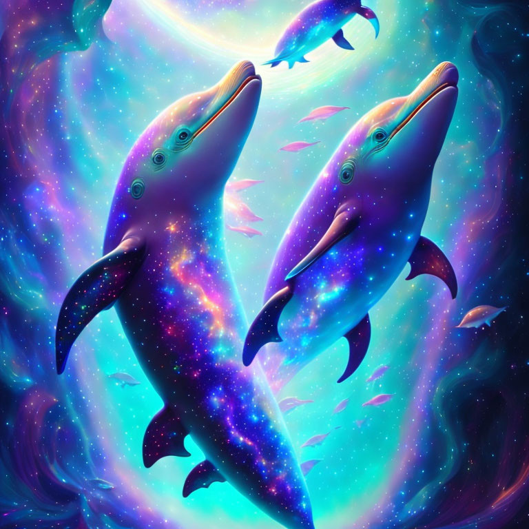 Cosmic patterned dolphins in vibrant underwater scene