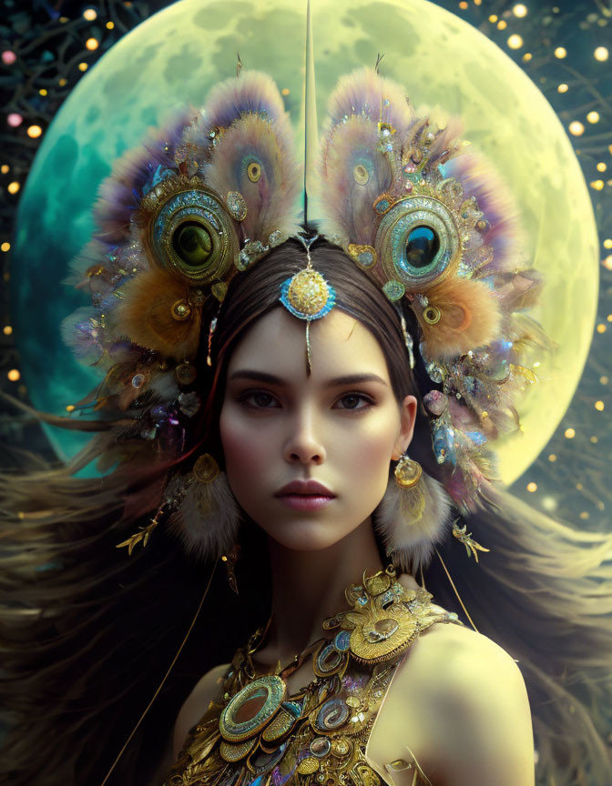 Woman in ornate peacock feather headdress with jewels against cosmic moon backdrop