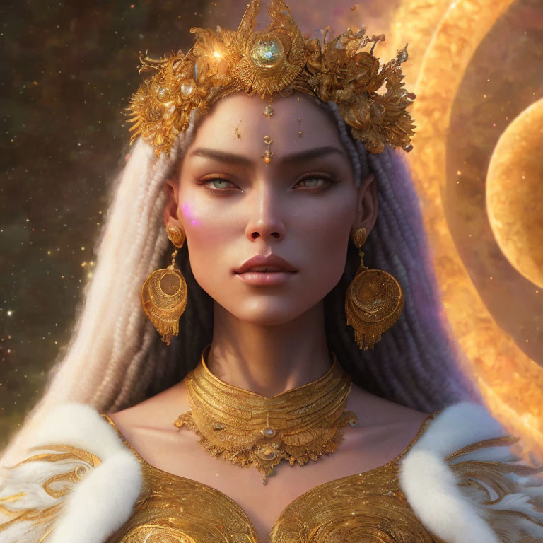 Regal woman adorned in golden jewelry against celestial backdrop.