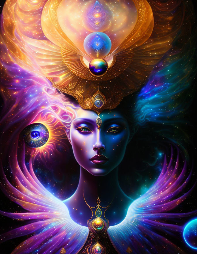 Colorful digital artwork of mystical female entity with cosmic features