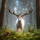 Majestic deer with large antler rack in luminous forest landscape