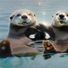 Pair of Otters Floating on Backs Holding Hands in Water