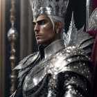 Regal figure in silver armor and crown on throne exudes authority.