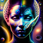 Symmetrical cosmic-themed painting of female face with celestial bodies and colorful nebulas.