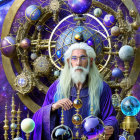 Elderly wizard in purple robe with celestial orbs and cosmic backdrop.