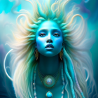 Digital artwork: Female figure with turquoise skin, gold and gemstone jewelry, flowing mane