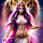 Majestic woman with lion's head halo in cosmic setting