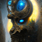 Surreal image of golden mechanical structure with glowing blue eyes