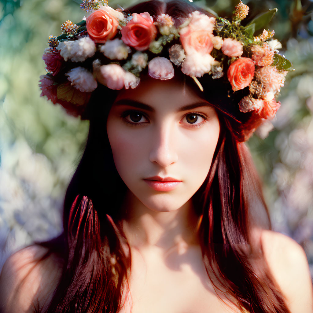 Portrait of Woman with Rose Floral Wreath and Soft Background