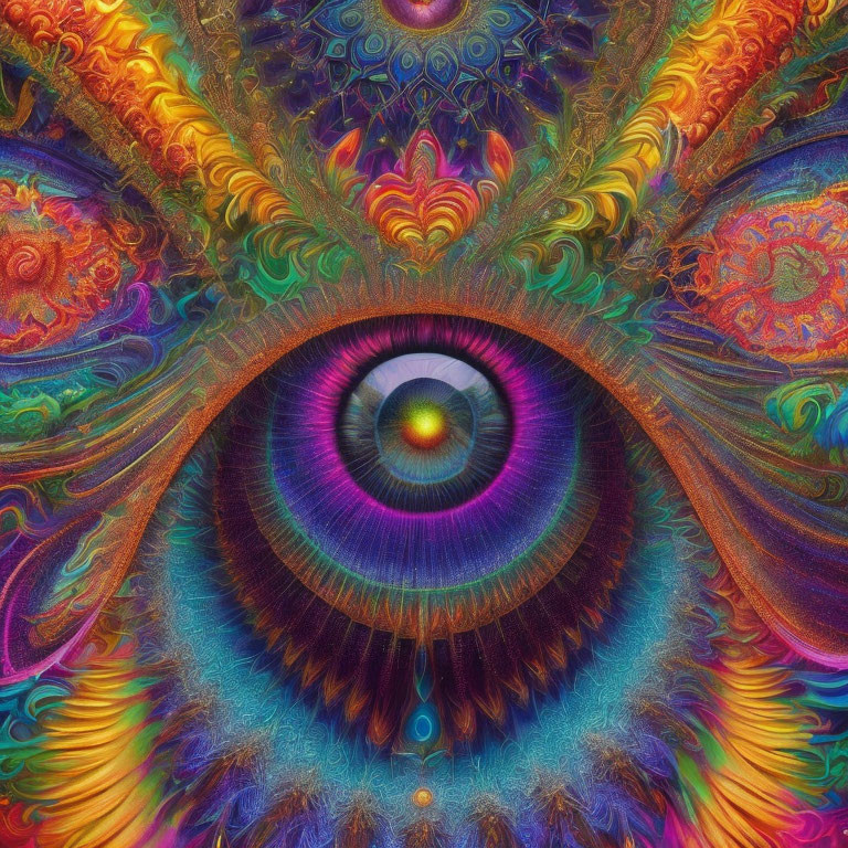 Colorful Psychedelic Fractal Art with Central Eye and Symmetrical Patterns