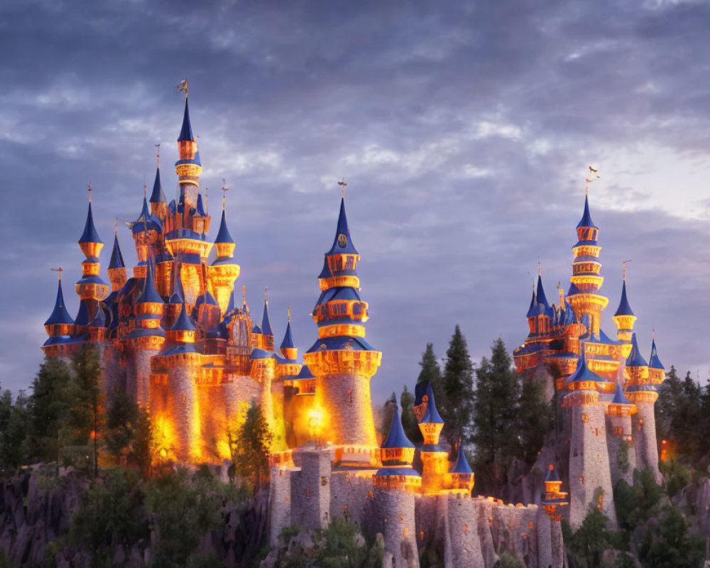 Fairytale castle with spires and turrets in twilight setting