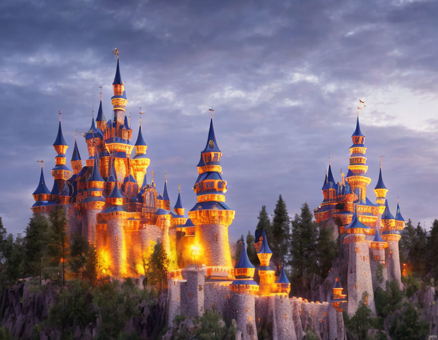 Fairytale castle with spires and turrets in twilight setting