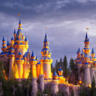 Fairytale castle with spires and turrets in twilight setting