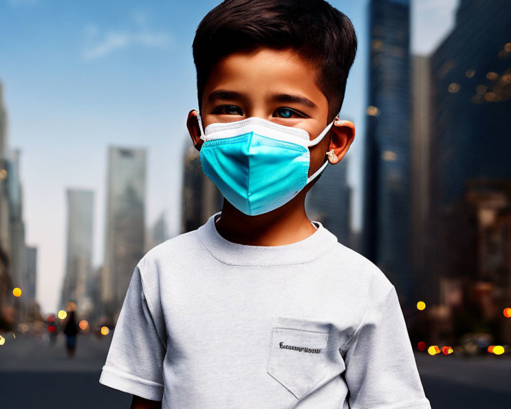 Young boy in blue face mask and white t-shirt against urban skyline