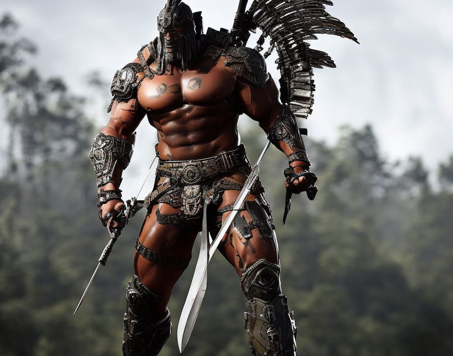 Muscular figure in tribal armor with two swords against forest backdrop