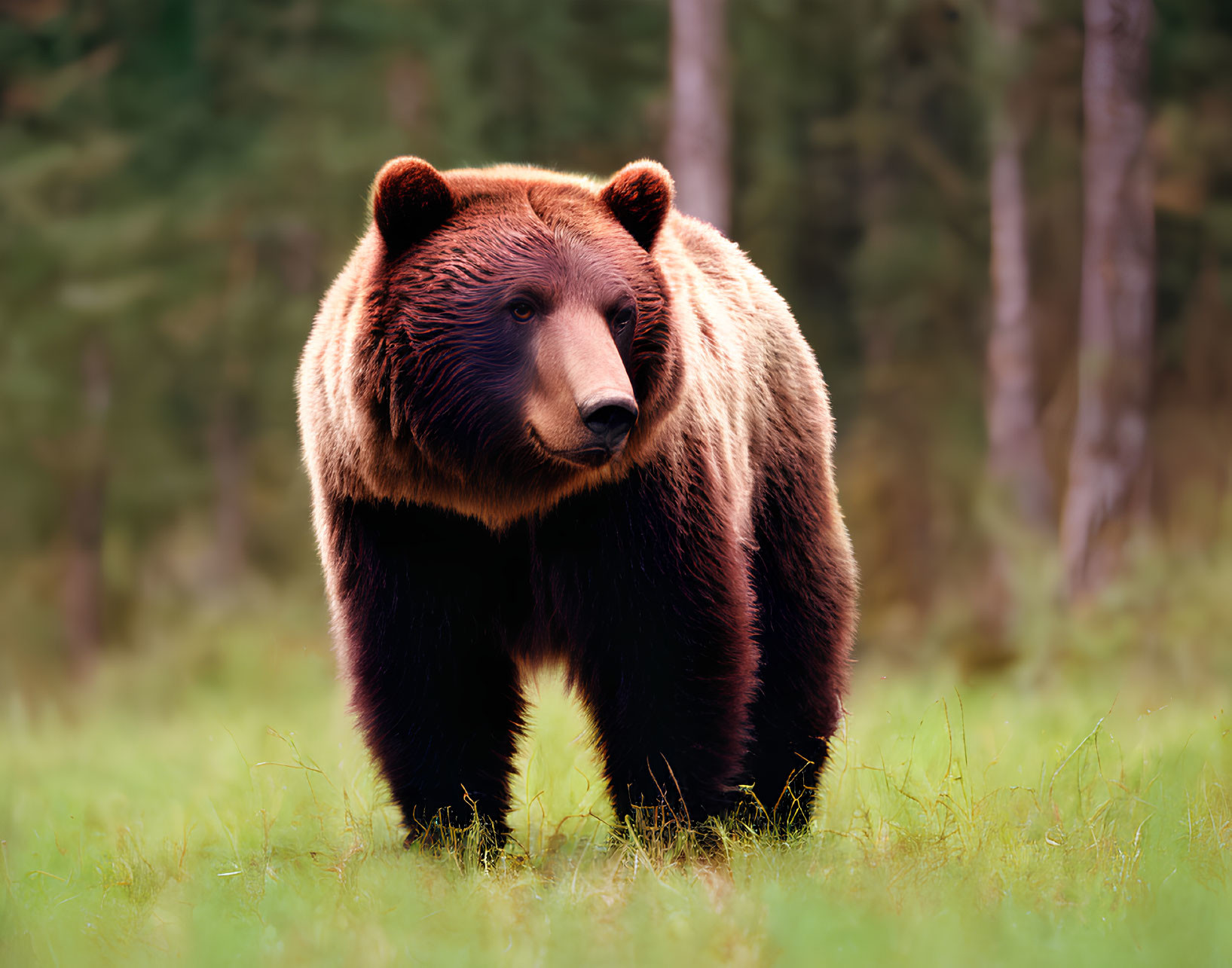 Brown bear in forest clearing with dense trees background