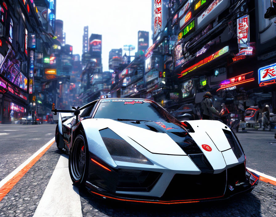 Black and white sports car on neon-lit urban street at night