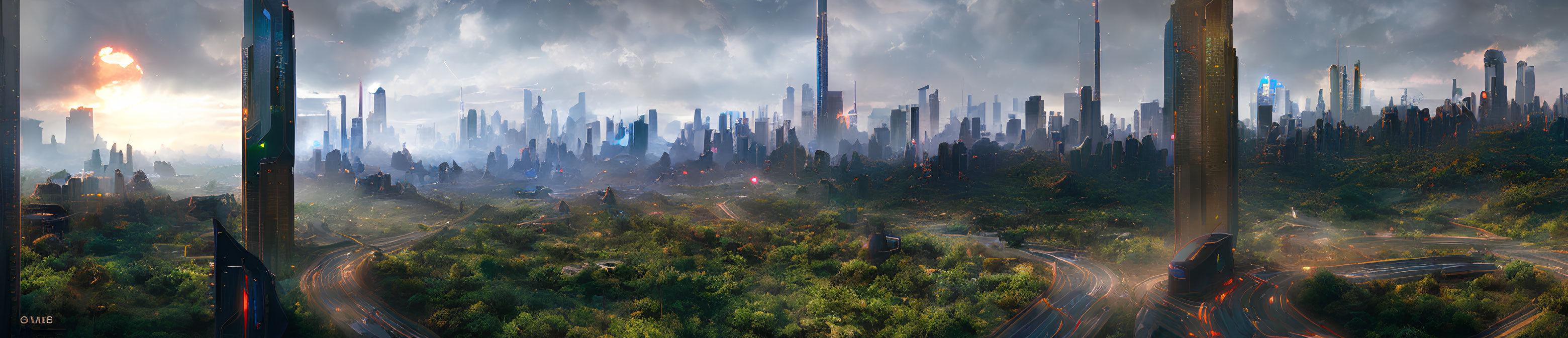 Futuristic cityscape at dusk: high-rise buildings, greenery, busy highways under cloudy sky