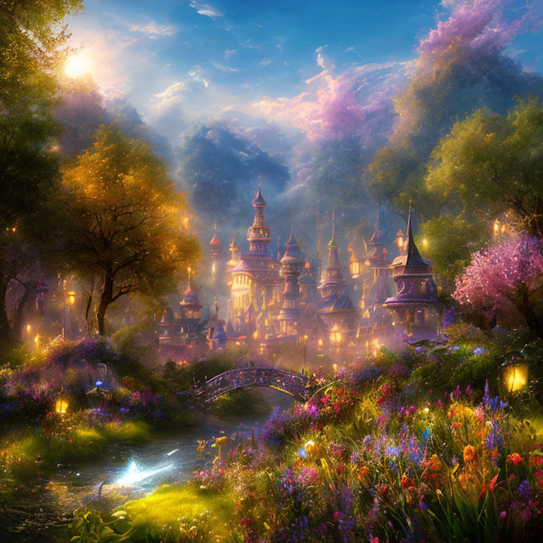 Enchanted castle in vibrant floral landscape with stone bridge and mystical sky.