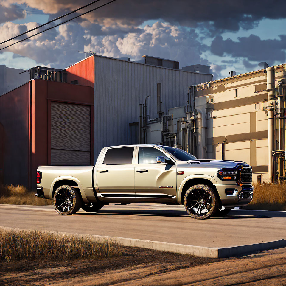 Modern Pickup Truck Parked at Industrial Site During Golden Hour