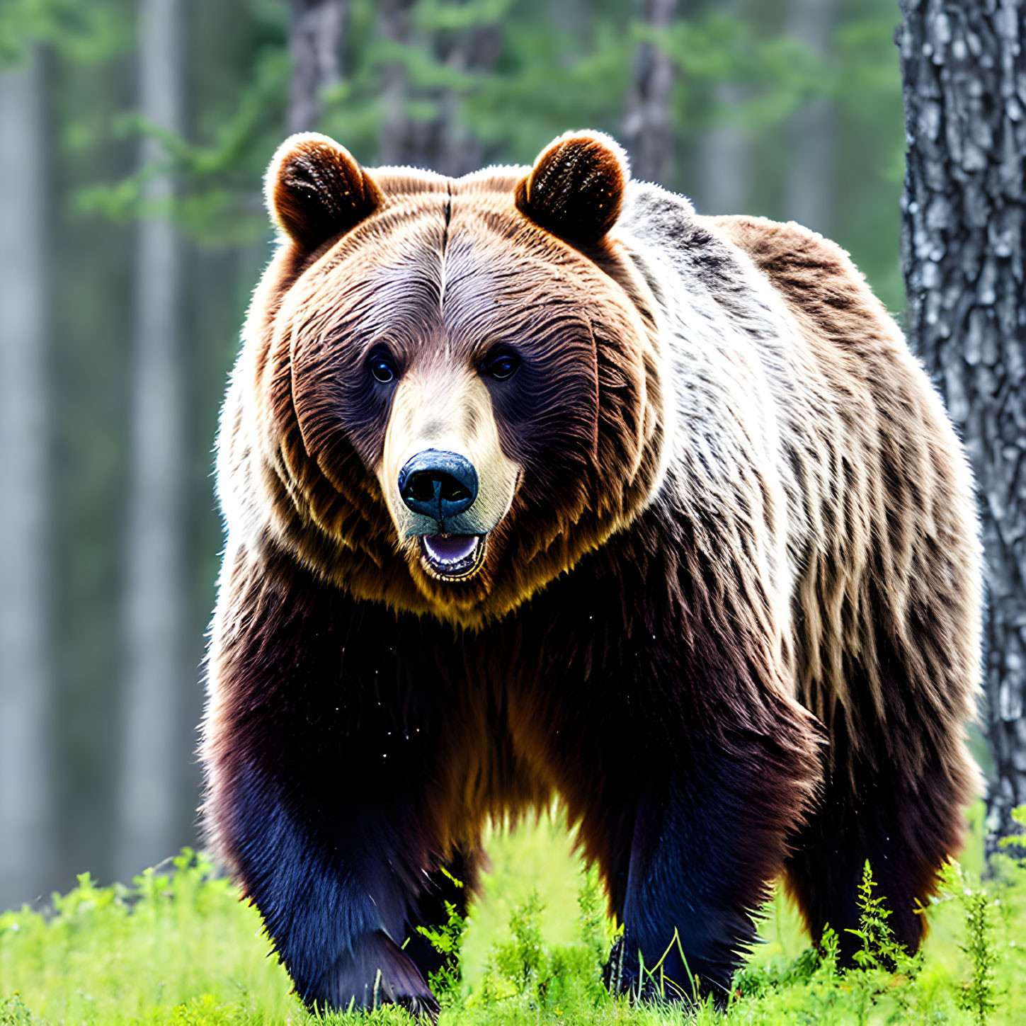 Brown Bear with Thick Fur Coat in Forest Clearing with Pine Trees