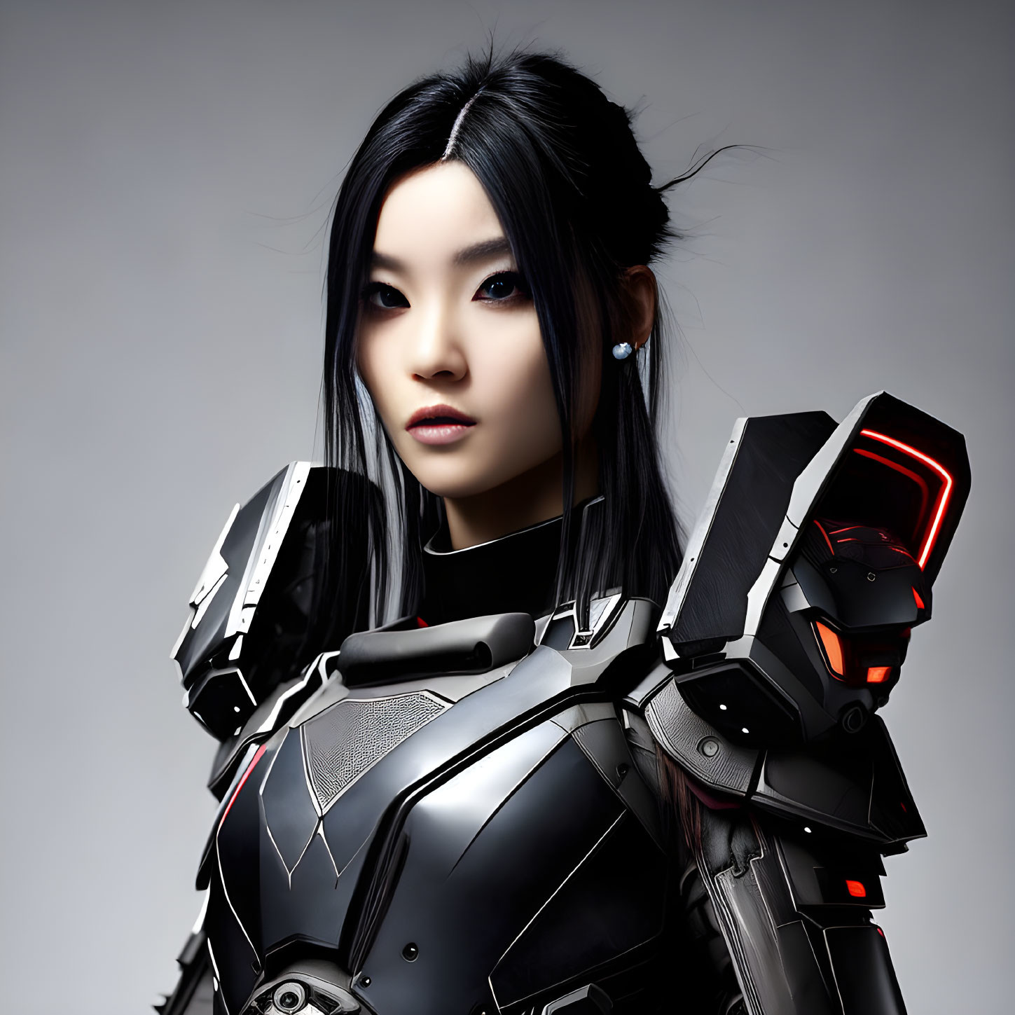 Female Cyborg in Black Futuristic Armor with Red Glowing Elements