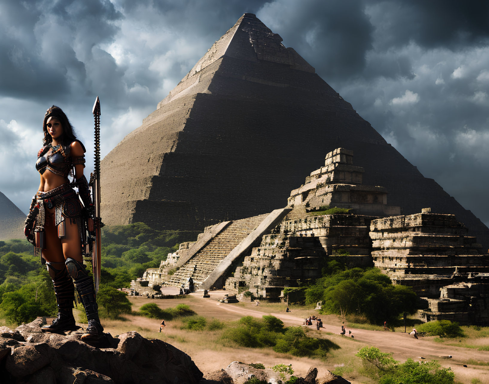 Warrior woman in tribal attire at ancient step pyramid under dramatic sky