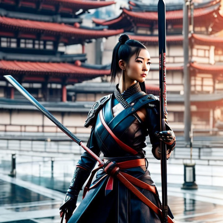 Asian woman in warrior attire with sword at temple courtyard