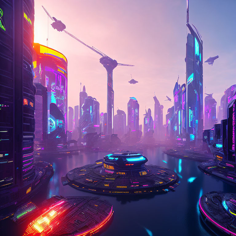 Vibrant neon-lit cityscape with skyscrapers and flying vehicles at twilight