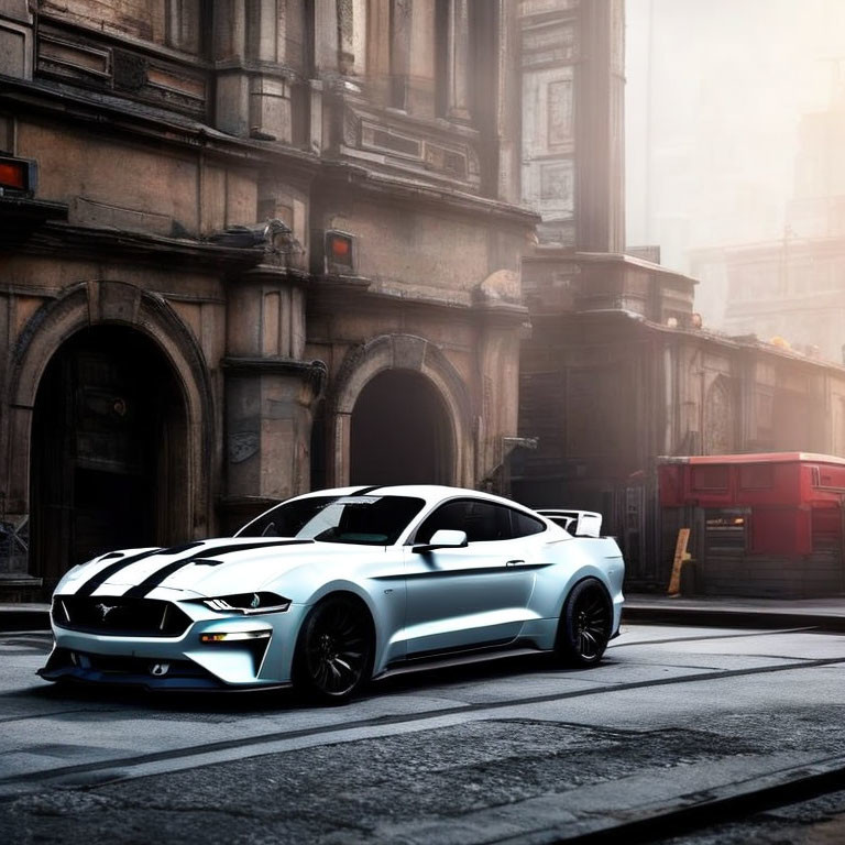 Silver Mustang with Racing Stripes Parked on Misty Street