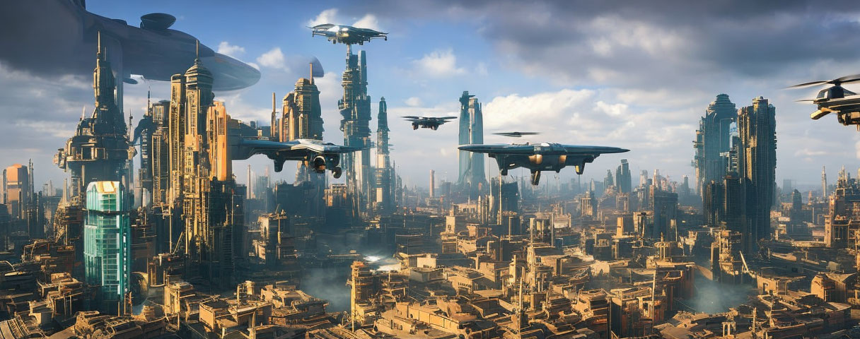 Futuristic cityscape with skyscrapers and flying vehicles