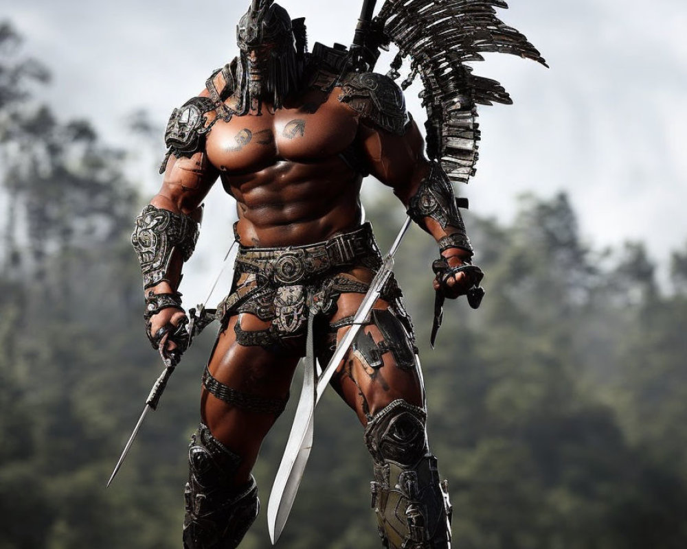 Muscular figure in tribal armor with two swords against forest backdrop